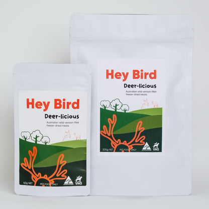 Two 'Hey Bird' deer-licious food packages on a white background