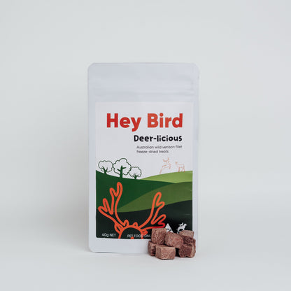 Packaging of 'Hey Bird' deer treats on a white background