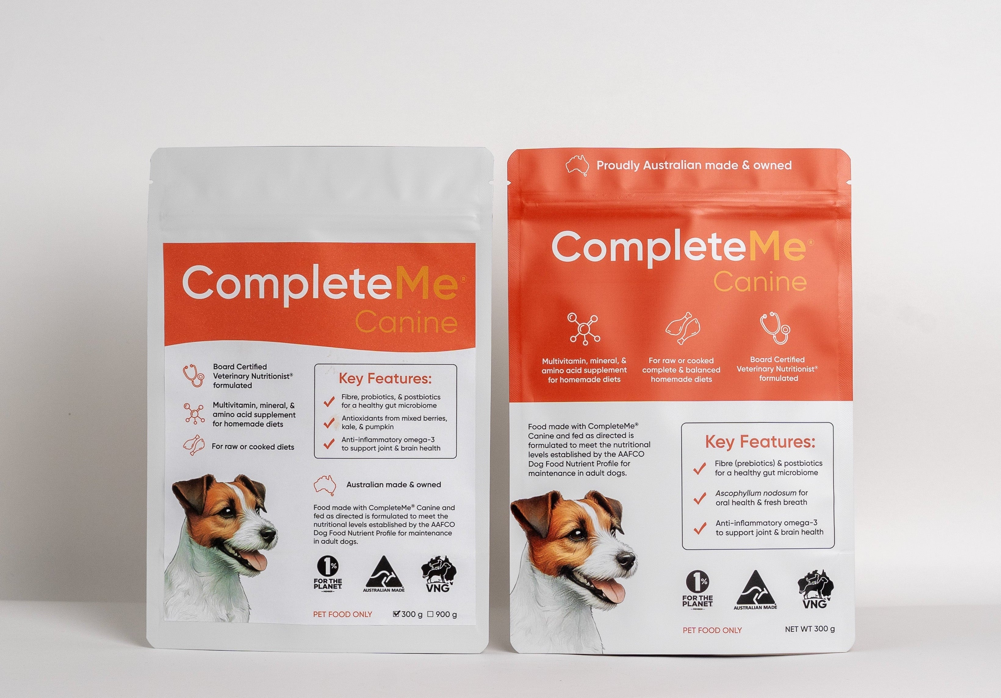 Two packages of CompleteMe Canine on a white background