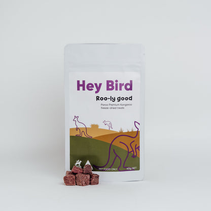 Packaging of 'Hey Bird' product with kangaroo illustration on a white background